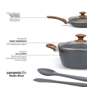 Jogo de Panelas Brinox Antiaderente Ceramic Life 6 Peças Marble Wood com Indução Cinza Escuro