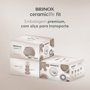 Jogo de Panelas Empilhável Brinox Fit 10 Peças Antiaderente Ceramic Life, Cabo Removível e Fundo de Indução - Areia