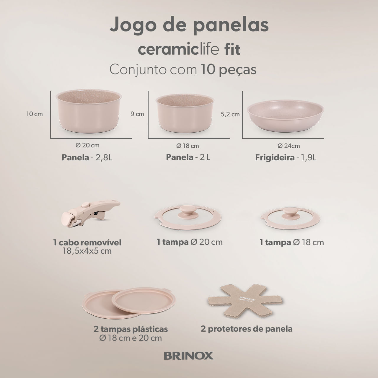 Jogo de Panelas Empilhável Brinox Fit 10 Peças Antiaderente Ceramic Life, Cabo Removível e Fundo de Indução - Areia