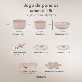 Jogo de Panelas Empilhável Brinox Fit 10 Peças Antiaderente Ceramic Life, Cabo Removível e Fundo de Indução - Areia