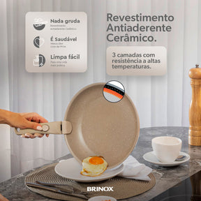 Jogo de Panelas Empilhável Brinox Fit 10 Peças Antiaderente Ceramic Life, Cabo Removível e Fundo de Indução - Areia