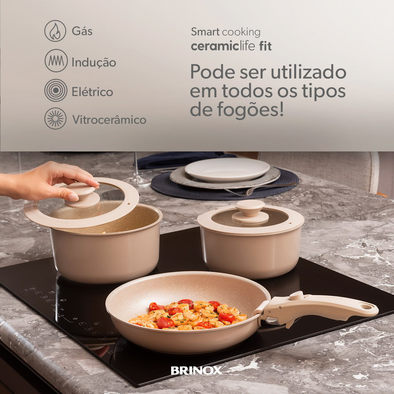 Jogo de Panelas Empilhável Brinox Fit 10 Peças Antiaderente Ceramic Life, Cabo Removível e Fundo de Indução - Areia
