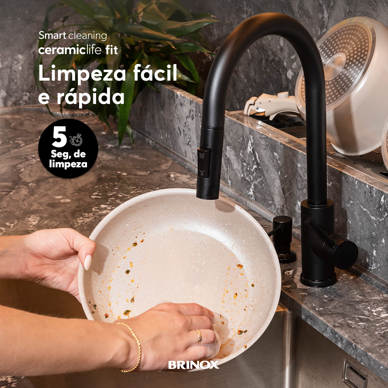 Jogo de Panelas Empilhável Brinox Fit 10 Peças Antiaderente Ceramic Life, Cabo Removível e Fundo de Indução - Areia