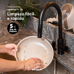 Jogo de Panelas Empilhável Brinox Fit 10 Peças Antiaderente Ceramic Life, Cabo Removível e Fundo de Indução - Areia