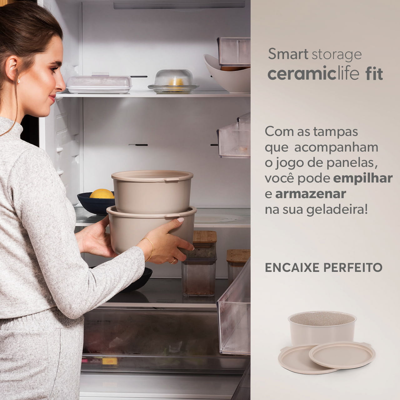 Jogo de Panelas Empilhável Brinox Fit 10 Peças Antiaderente Ceramic Life, Cabo Removível e Fundo de Indução - Areia