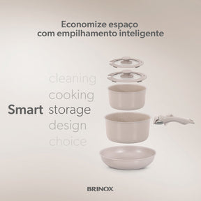 Jogo de Panelas Empilhável Brinox Fit 10 Peças Antiaderente Ceramic Life, Cabo Removível e Fundo de Indução - Areia
