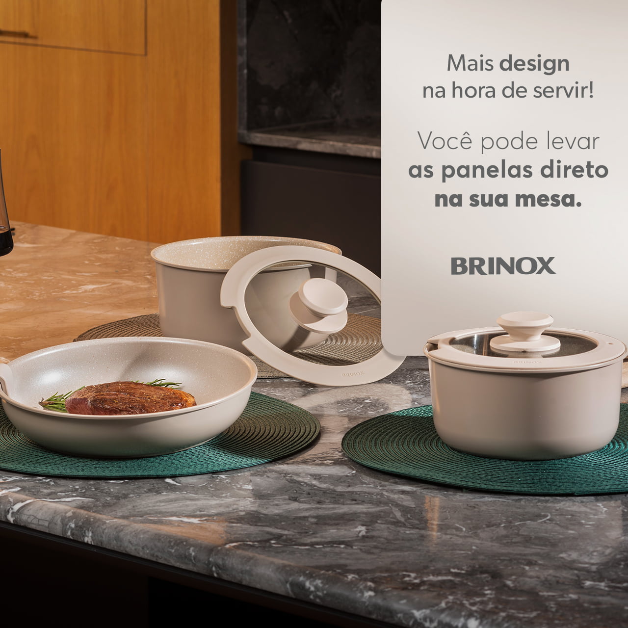 Jogo de Panelas Empilhável Brinox Fit 10 Peças Antiaderente Ceramic Life, Cabo Removível e Fundo de Indução - Areia