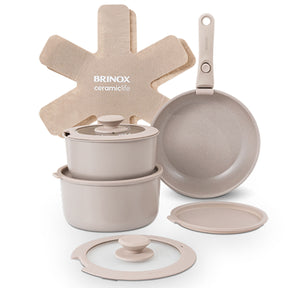 Jogo de Panelas Empilhável Brinox Fit 10 Peças Antiaderente Ceramic Life, Cabo Removível e Fundo de Indução - Areia
