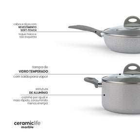 Jogo de Panelas Brinox Antiaderente Ceramic Life 5 Peças Marble Blend com Indução Cinza Claro