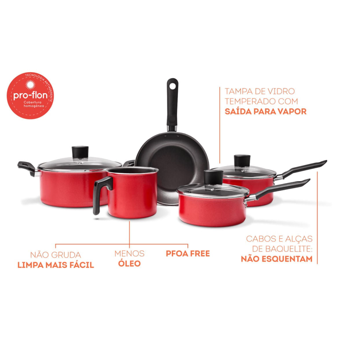 Jogo de Panelas Brinox Antiaderente Pro-Flon 5 Peças Garlic Vermelho