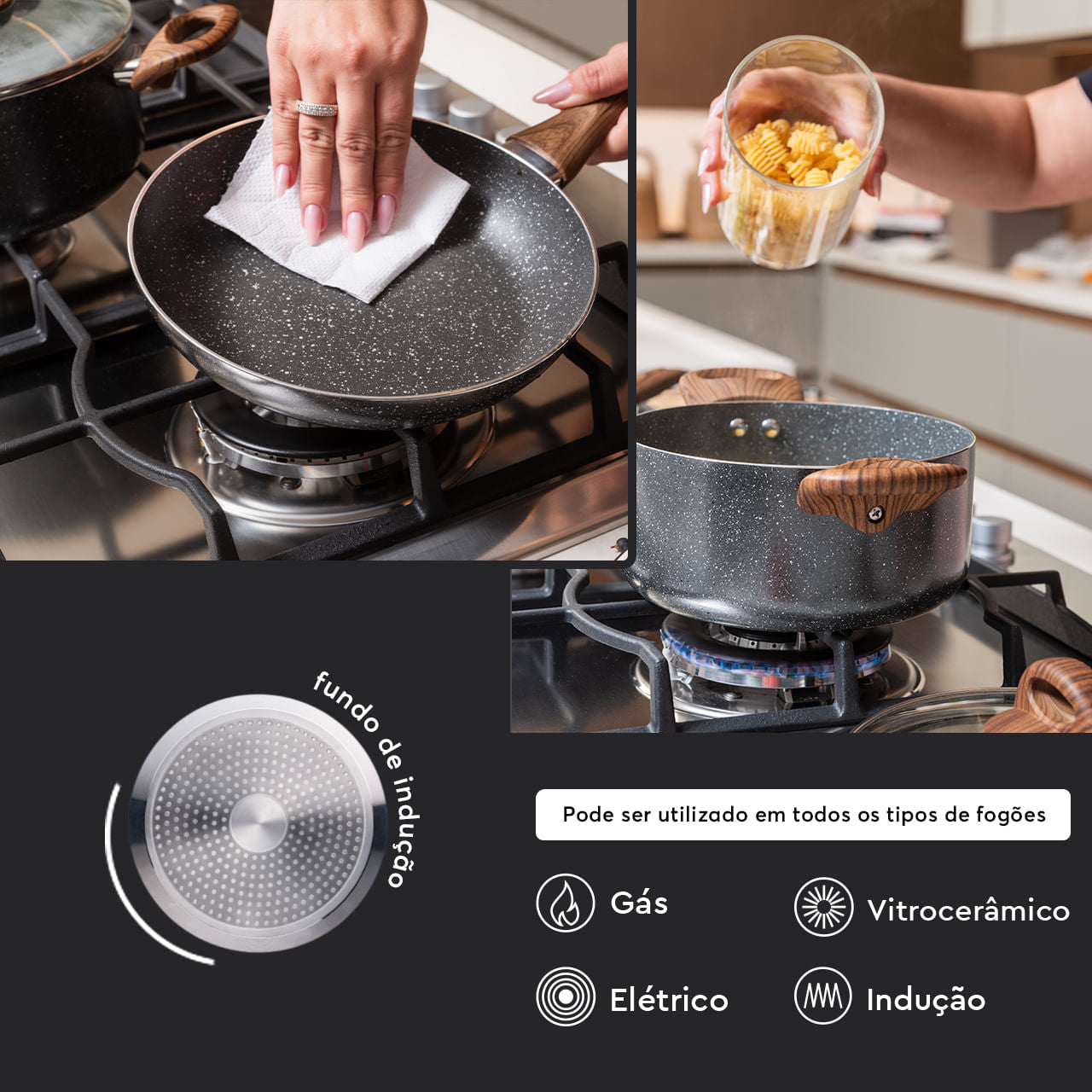 Jogo de Panelas Brinox Antiaderente Ceramic Life 5 Peças Smart Plus com Indução Granito