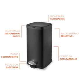 Lixeira com Pedal e Balde Brinox Frame 20 Litros Aço Carbono Preto