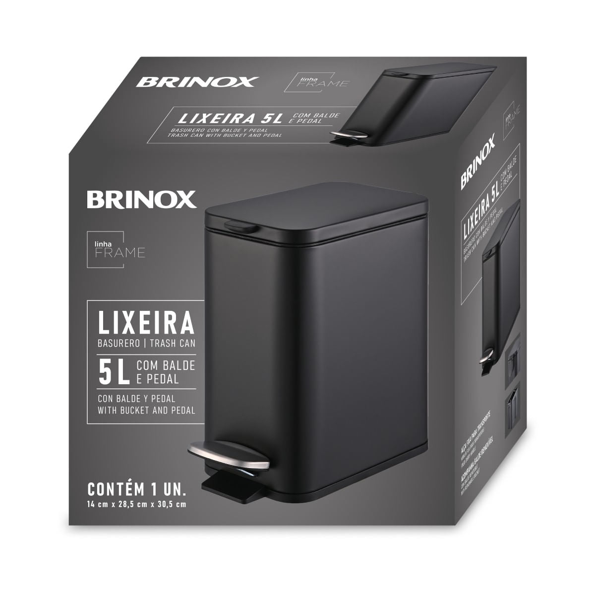 Lixeira com Pedal e Balde Brinox Frame 5 Litros Aço Carbono Preto