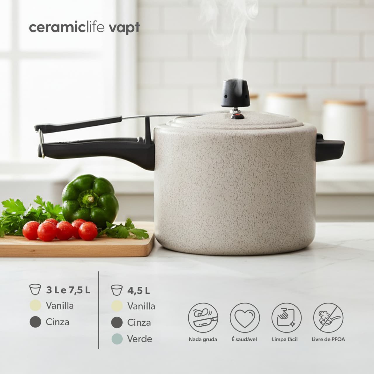 Panela de Pressão Brinox Vapt Antiaderente Ceramic Life 4,5 Litros Ø20cm Vanilla