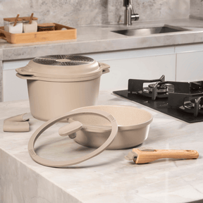 Jogo de Panelas Empilhável Brinox Loft 7 Peças Antiaderente Ceramic Life, Cabo Removível e Fundo de Indução - Areia