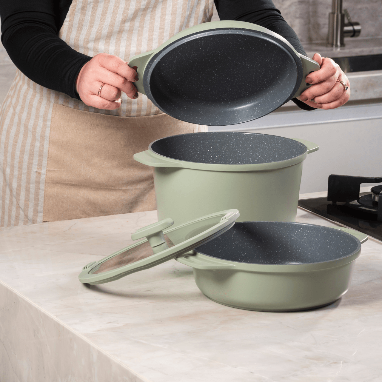 Jogo de Panelas Empilhável Brinox Loft 7 Peças Antiaderente Ceramic Life, Cabo Removível e Fundo de Indução – Verde