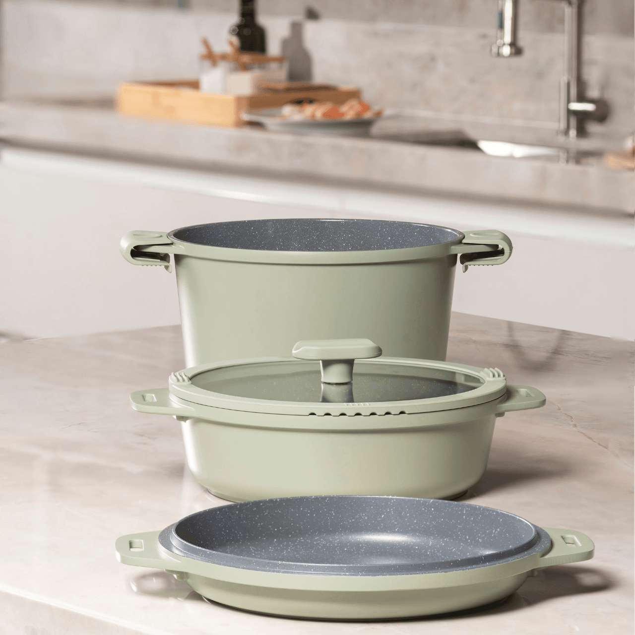 Jogo de Panelas Empilhável Brinox Loft 7 Peças Antiaderente Ceramic Life, Cabo Removível e Fundo de Indução – Verde