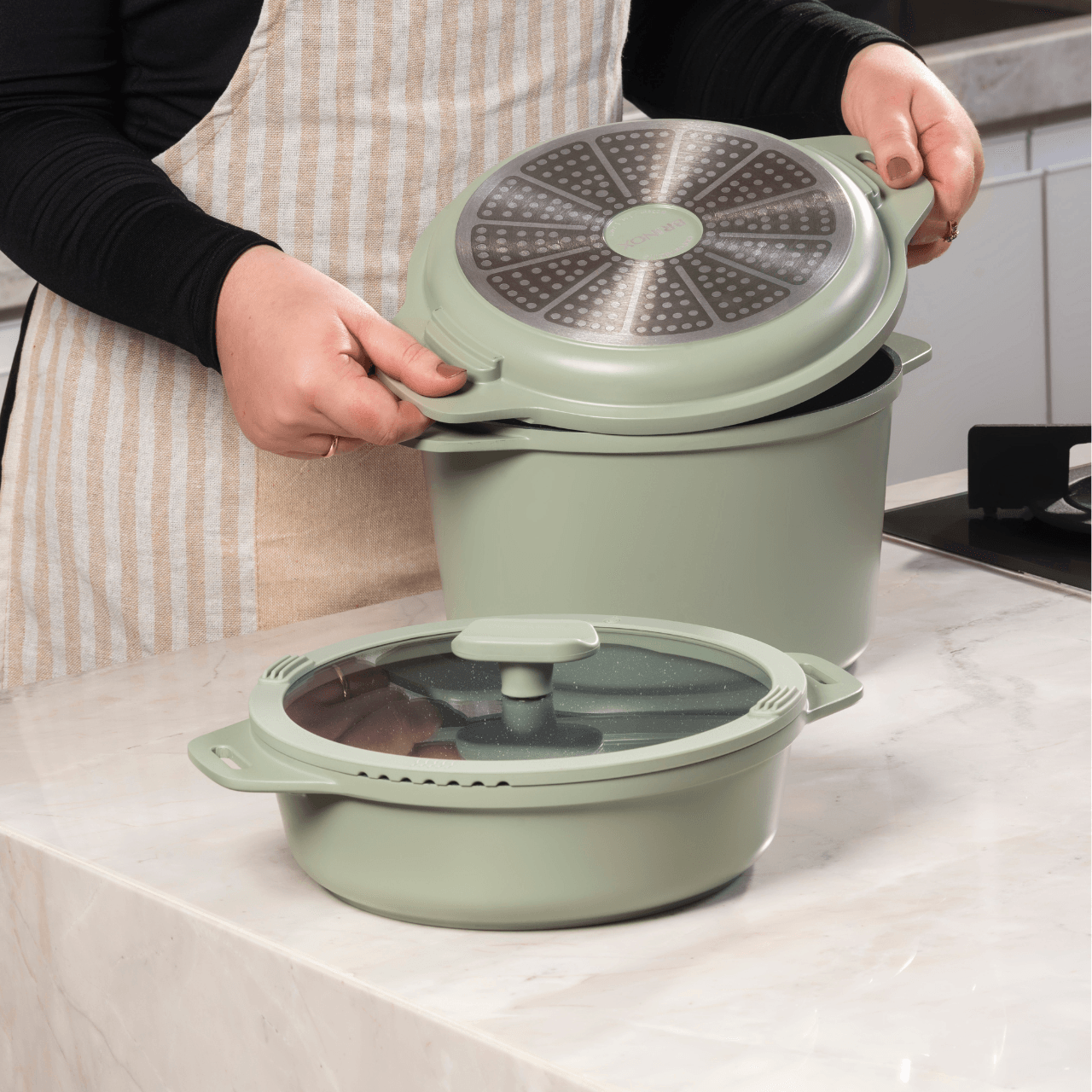 Jogo de Panelas Empilhável Brinox Loft 7 Peças Antiaderente Ceramic Life, Cabo Removível e Fundo de Indução – Verde