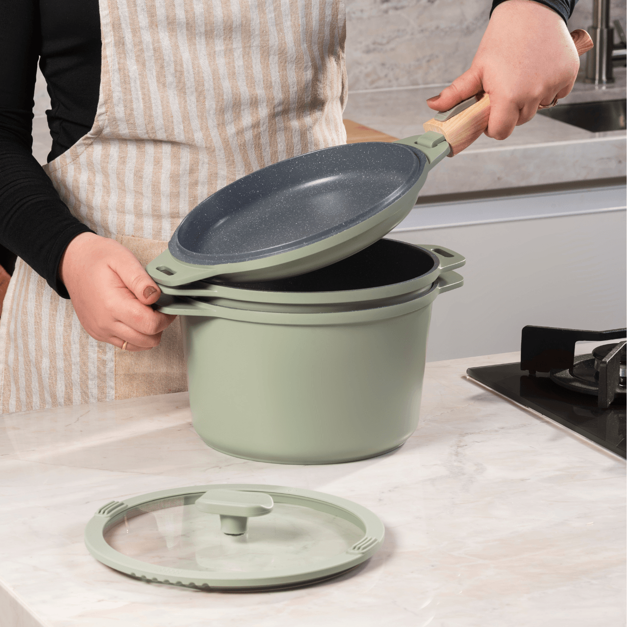 Jogo de Panelas Empilhável Brinox Loft 7 Peças Antiaderente Ceramic Life, Cabo Removível e Fundo de Indução – Verde