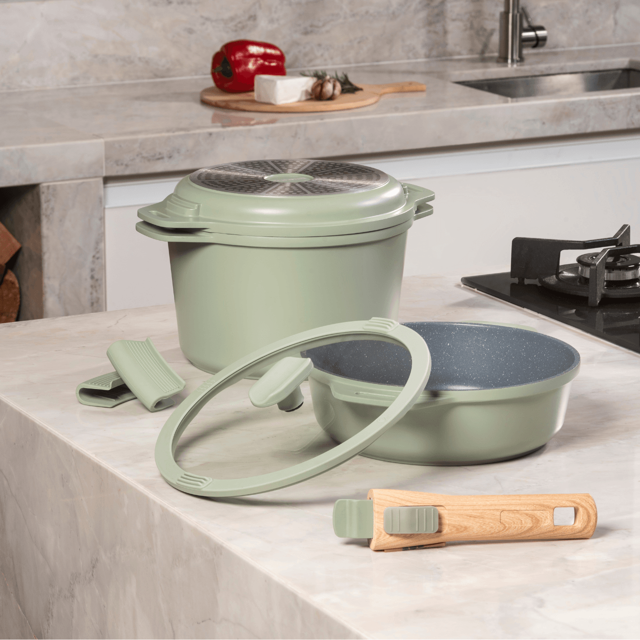 Jogo de Panelas Empilhável Brinox Loft 7 Peças Antiaderente Ceramic Life, Cabo Removível e Fundo de Indução – Verde