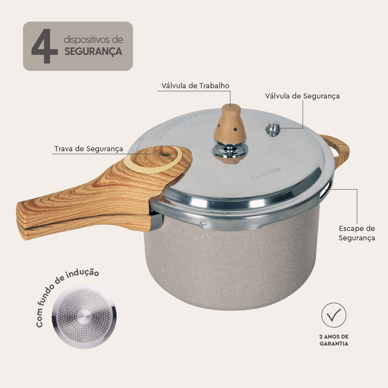 Panela de Pressão Indução Brinox Pressure Antiaderente Ceramic Life 4,2 Litros Areia