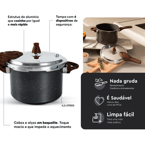 Panela de Pressão Indução Brinox Pressure Antiaderente Ceramic Life 4,2 Litros Ø20cm Granito