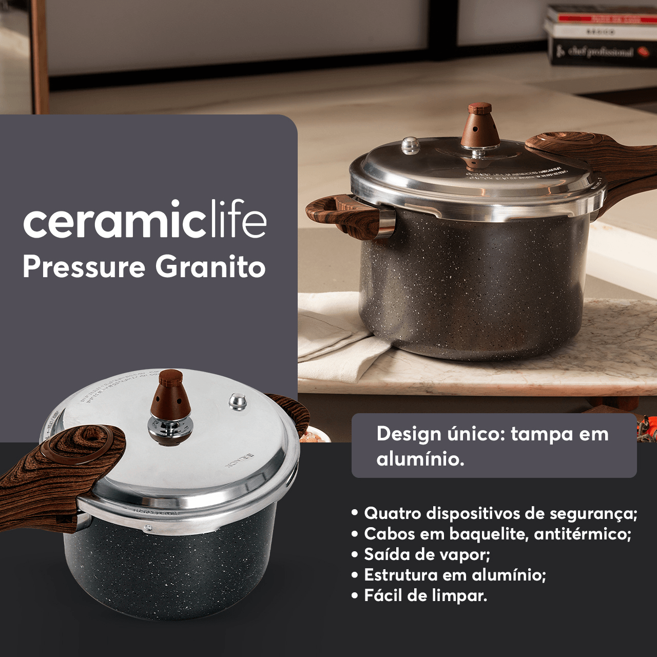Panela de Pressão Indução Brinox Pressure Antiaderente Ceramic Life 4,2 Litros Ø20cm Granito
