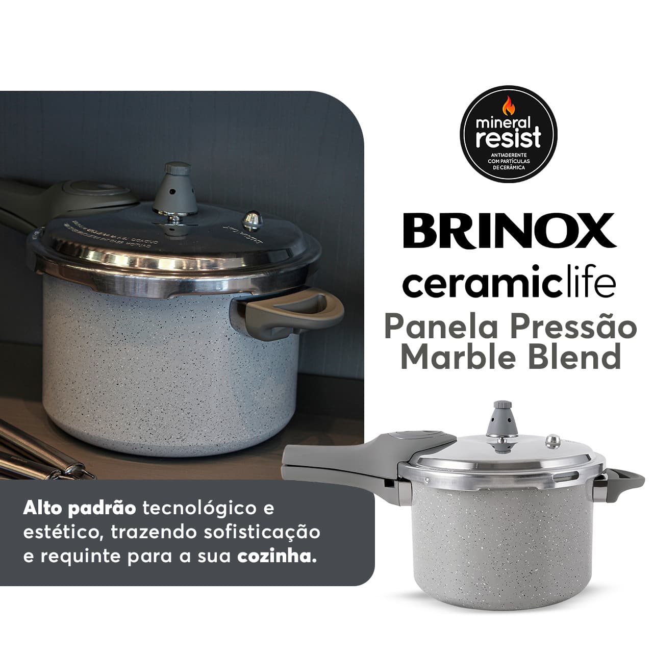 Panela de Pressão Indução Brinox Antiaderente Ceramic Life 4,2 L Marble Blend Cinza Claro