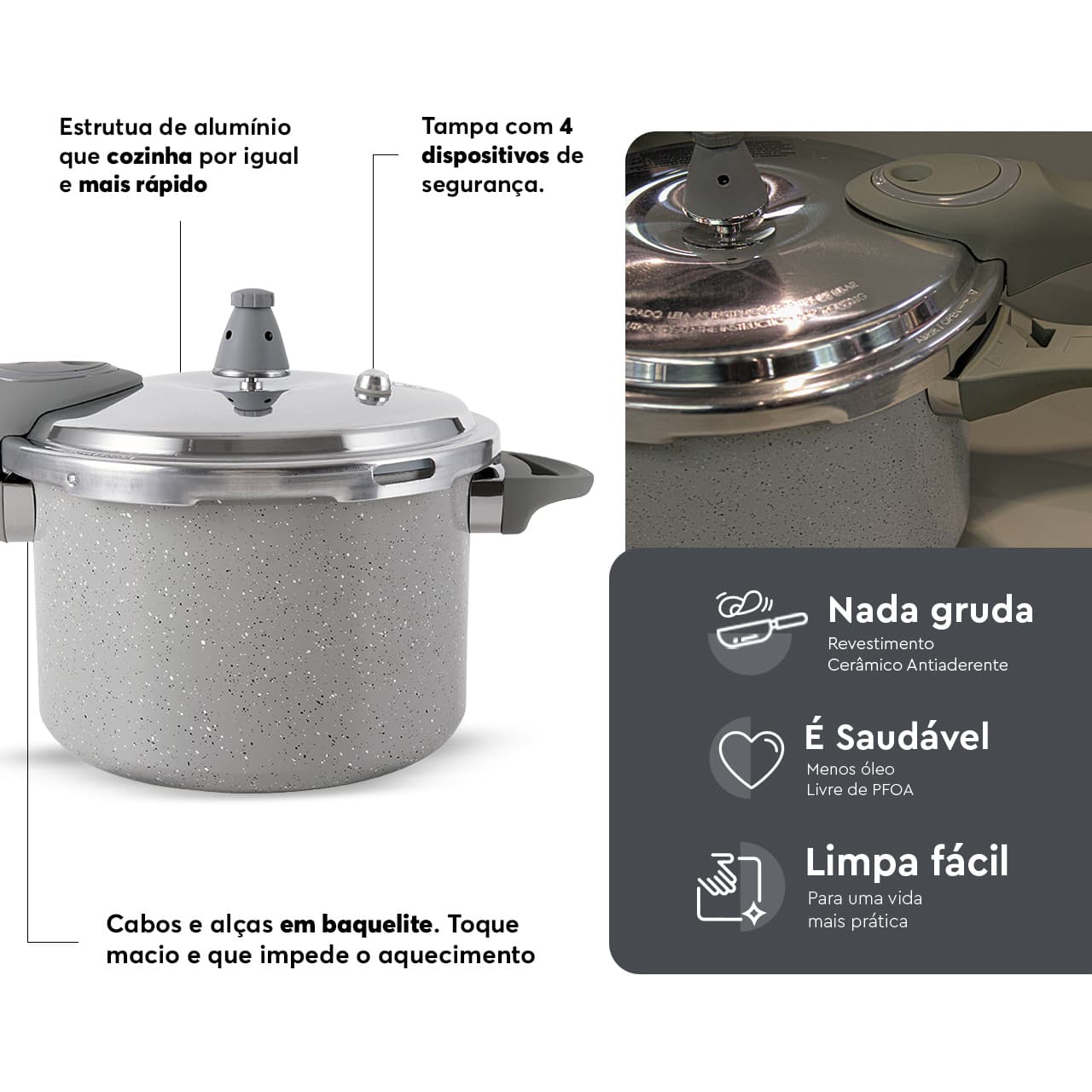 Panela de Pressão Indução Brinox Antiaderente Ceramic Life 4,2 L Marble Blend Cinza Claro