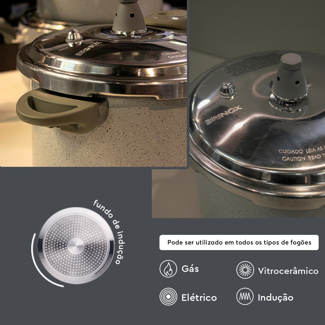 Panela de Pressão Indução Brinox Antiaderente Ceramic Life 4,2 L Marble Blend Cinza Claro